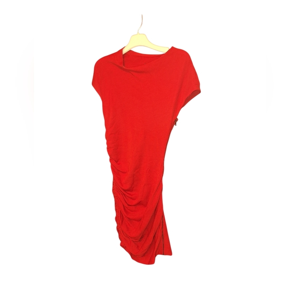 Vintage Lanvin Paris RED Wool Dress Side Zipper Ruche Details Stained BARGAIN